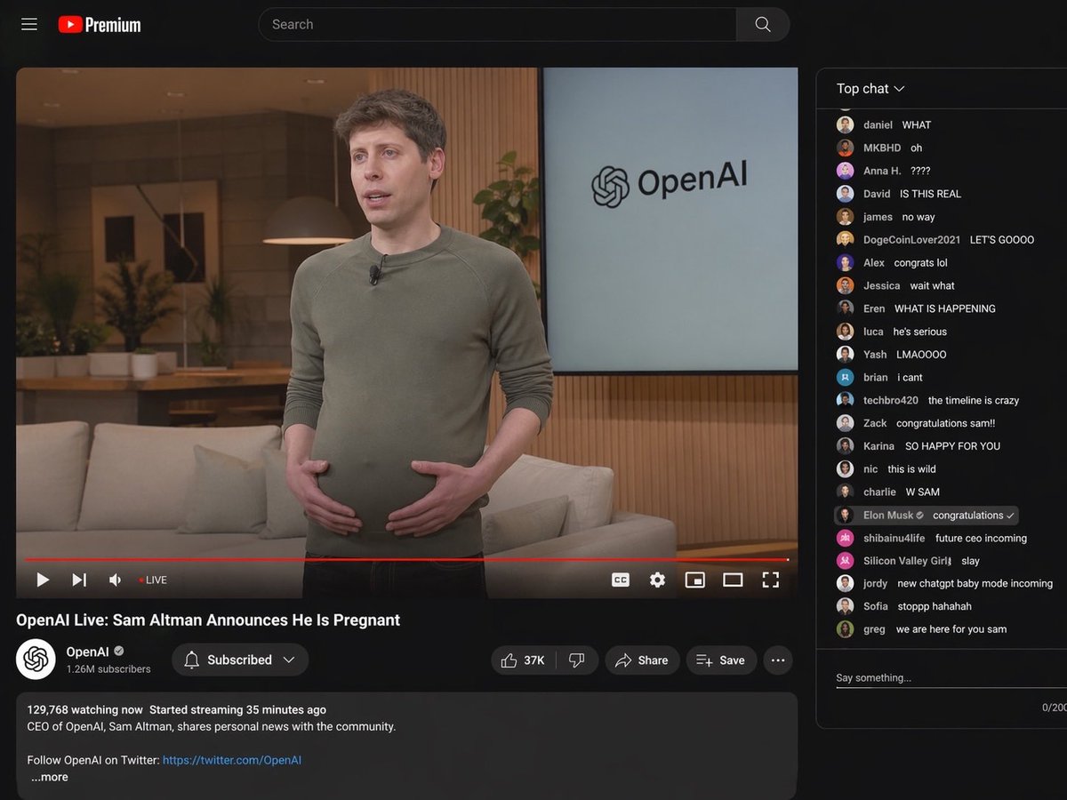 一段 OpenAI 直播的 YouTube 截图,其中山姆·奥特曼(Sam Altman)宣布自己怀孕了,并且画面中可见孕肚。(请勿使用思考) https://t.co/tLAi…