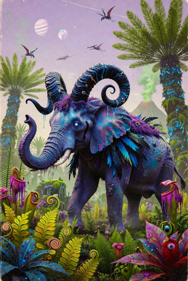 一个科幻大象混合生物。带有一点怪核元素，呈现复古风格的复古未来主义。大象与公羊特征混合，背部有亮蓝色和黑色的羽毛。奇特的蓝紫色调，质感出色，角也很好看。非常超…