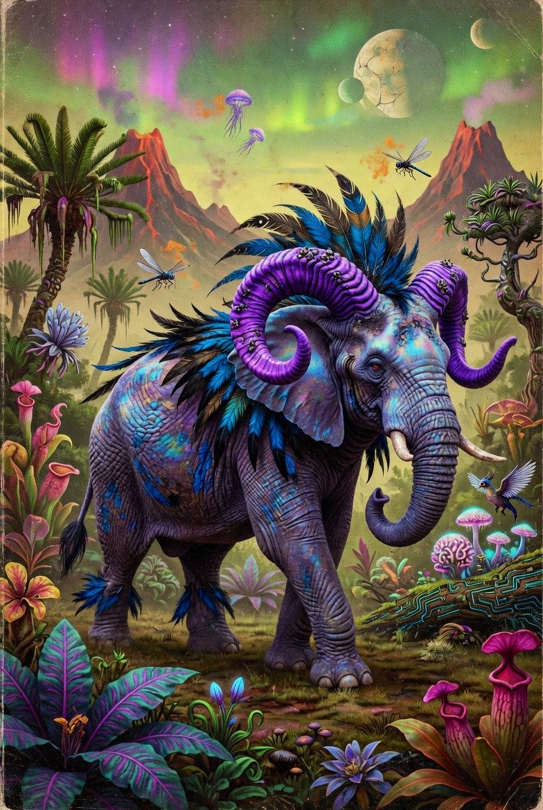 一个科幻大象混合生物。带有一点怪核元素,呈现复古风格的复古未来主义。大象与公羊特征混合,背部有亮蓝色和黑色的羽毛。奇特的蓝紫色调,质感出色,角也很好看。非常超现实、荒诞。画面中没…