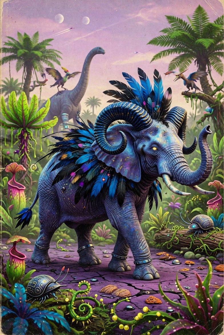 一个科幻大象混合生物。带有一点怪核元素,呈现复古风格的复古未来主义。大象与公羊特征混合,背部有亮蓝色和黑色的羽毛。奇特的蓝紫色调,质感出色,角也很好看。非常超现实、荒诞。画面中没…