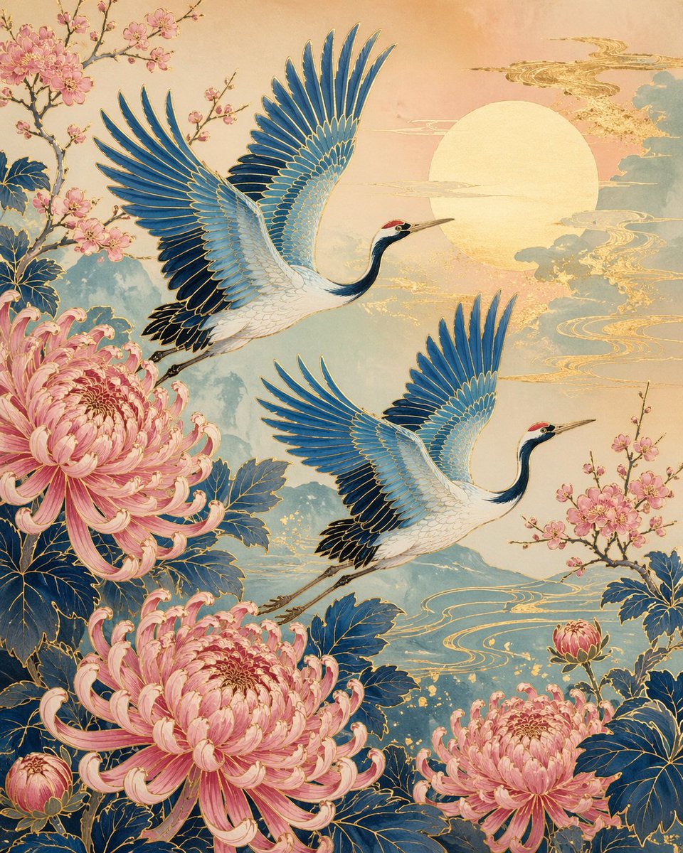 精致日式风格的艺术作品，两只蓝色与青绿色的鹤在硕大的粉色菊花与靛蓝色枝叶间飞翔。背景为柔和渐变，逐渐淡入一轮淡色的太阳。优雅的金色描边、粉彩渐变，以及宁静传统…