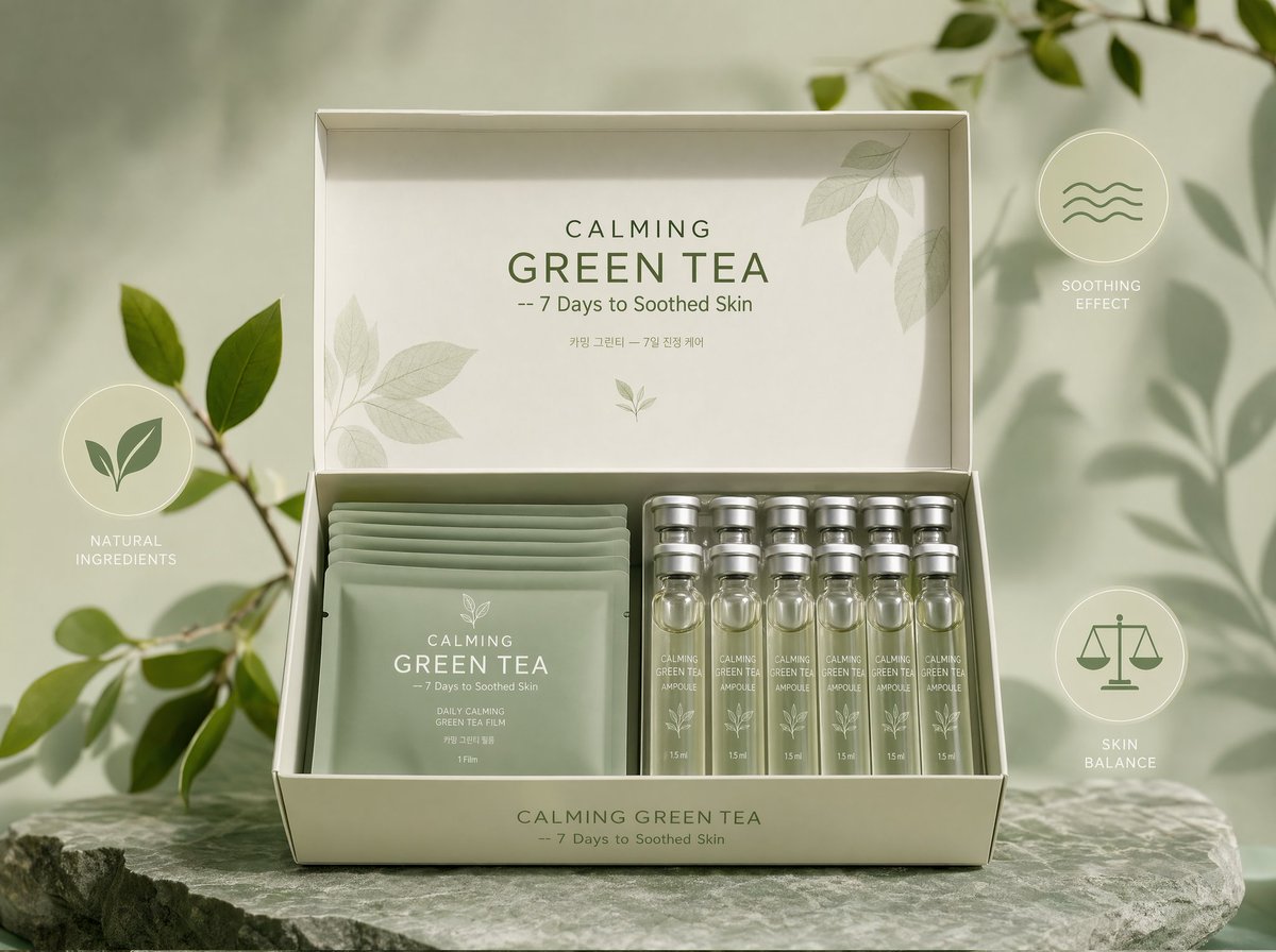 CALMING GREEN TEA 面膜套装 正面展示,打开的盒子呈现柔和的鼠尾草绿色面膜袋和带哑光银色瓶盖的半透明安瓶,产品居中放置,清晰品牌标识 "CALMING GREEN…