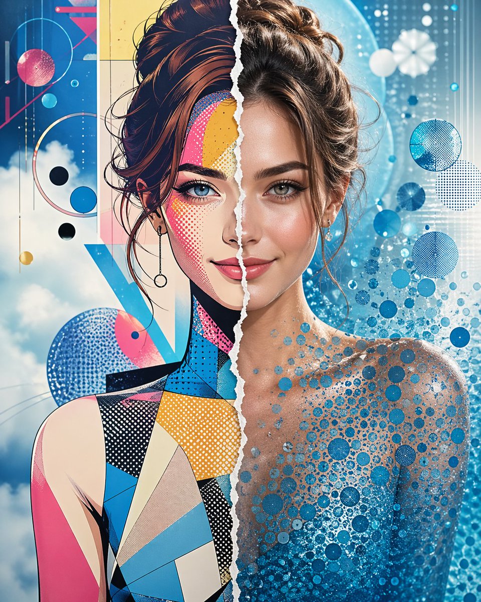 这幅画中只有一张面孔：一位优雅的年轻女模特，带着淡淡的笑容。一道线条从她的发际线处开始，将她的脸一分为二，设计成仿佛被猛烈撕裂的纸张。整幅画被一条流畅的、类似…