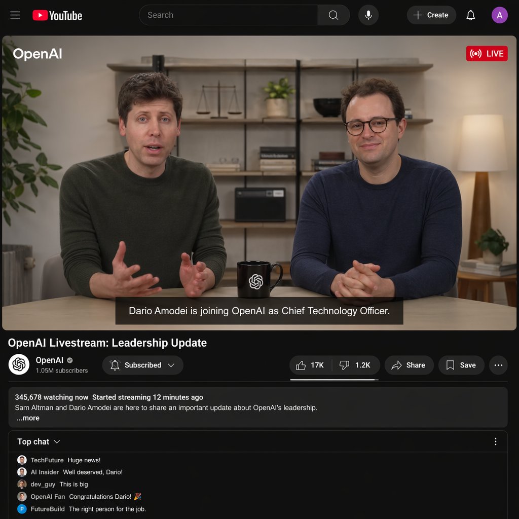 YouTube 直播截图,画面中 OpenAI 的直播里 Sam Altman 和 Dario Amodei 宣布 Dario 出任新任 CTO。 相当不错:) #gptimag…