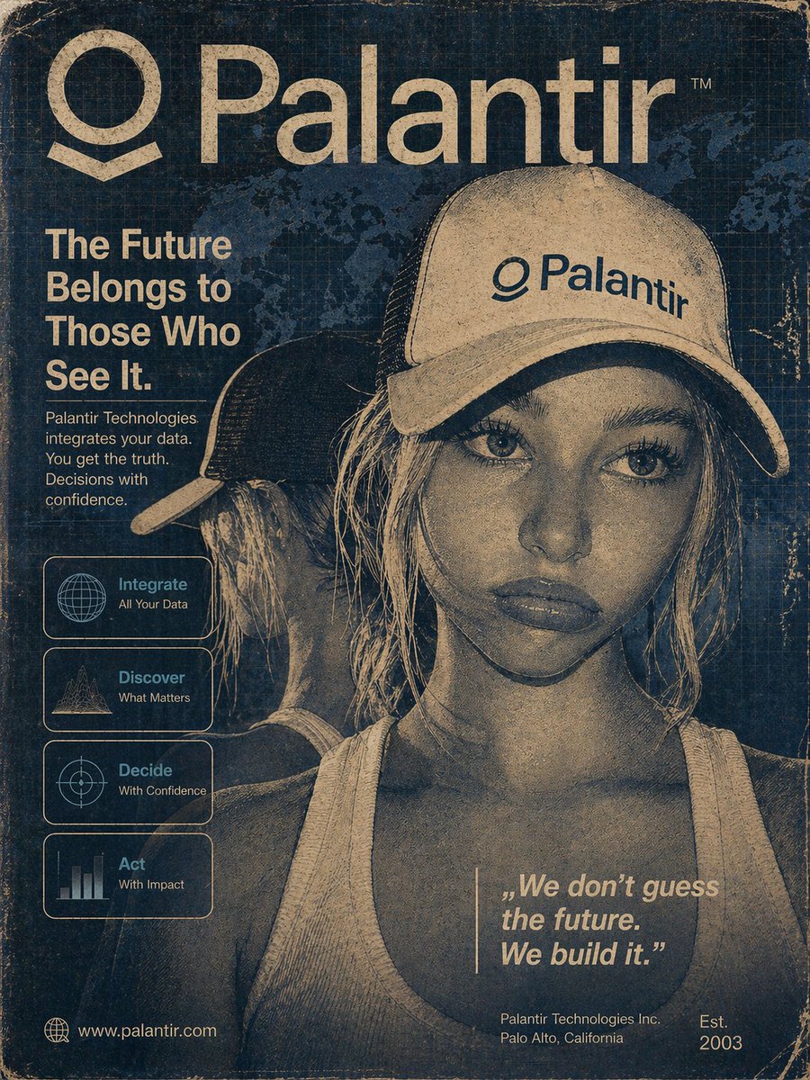 90年代至2000年代初的复古科技广告海报，主题为Palantir，电影感且怀旧。画面中央放置一位戴着Palantir卡车司机帽的女孩肖像，但需完全融入整体设计之中——不能仅仅是…