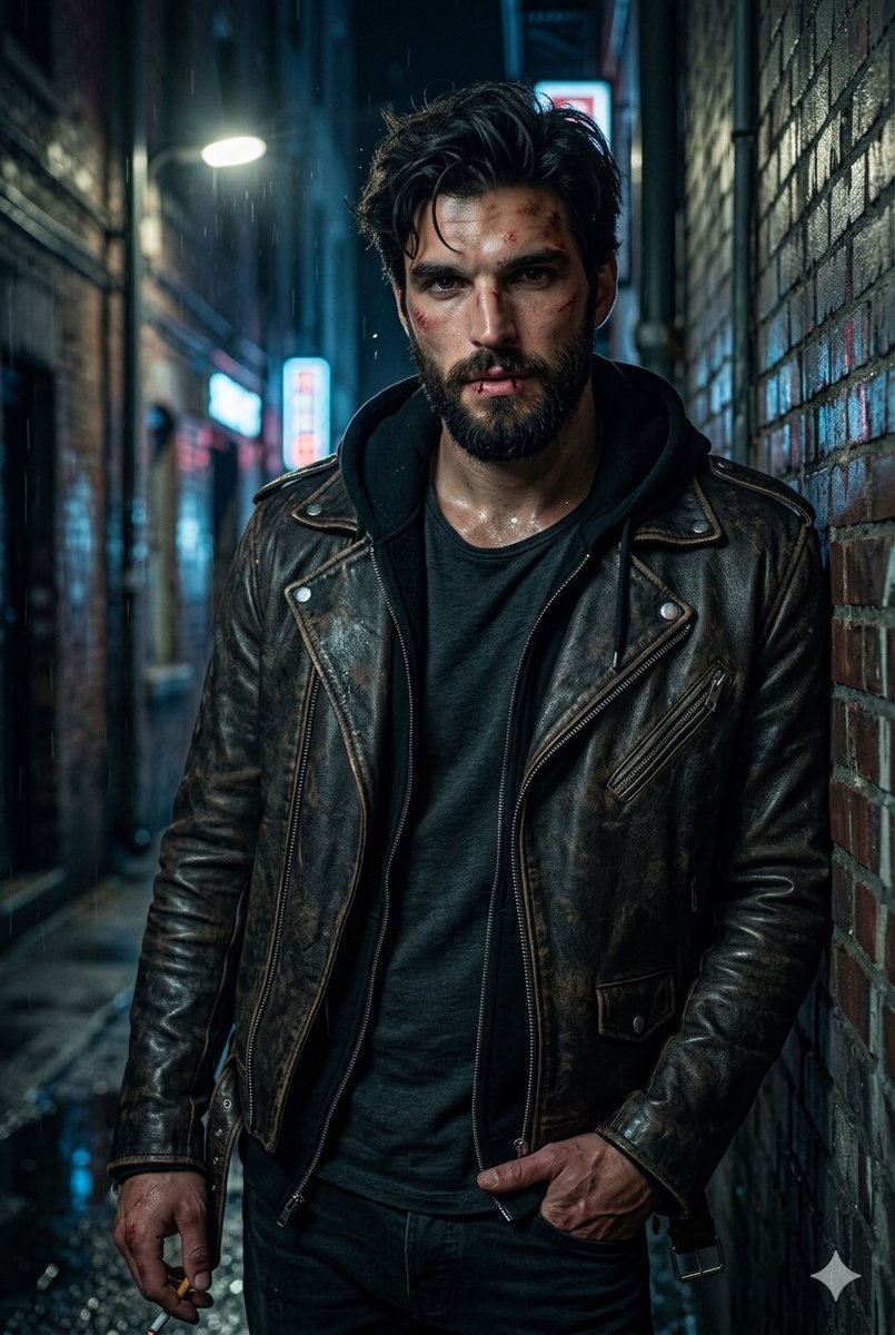 超写实肖像，一位粗犷的男子，五官轮廓分明，发型凌乱，浓密胡须，眼神锐利带着冷峻神情，脸上有轻微淤伤，隐约可见污渍和划痕，身穿深色破旧夹克与质感服装，电影级光影配以深邃阴影，氛围阴…