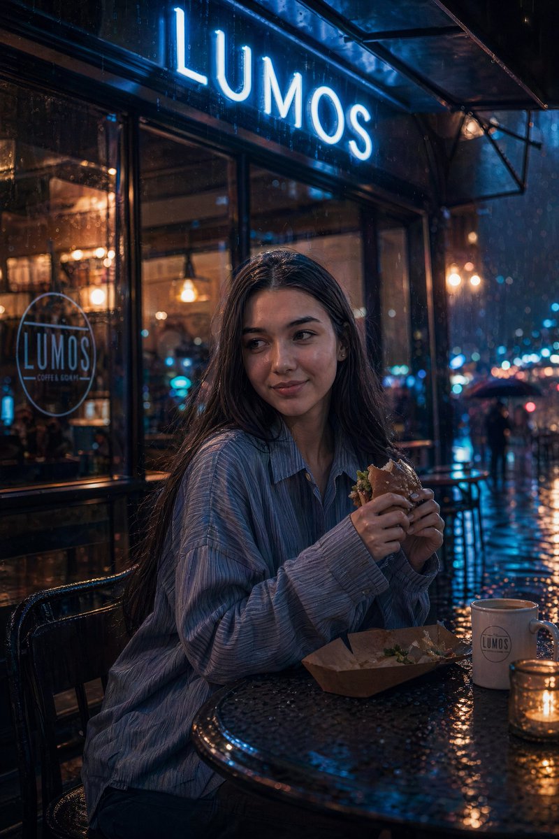 通过 Higgsfield 使用 GPT image 2 超电影感的雨夜场景,一家霓虹灯照亮的咖啡馆,名为一位年轻女子独自坐在柔和的防雨遮蔽下,穿着一件稍显宽松的衬衫,手中拿着一…