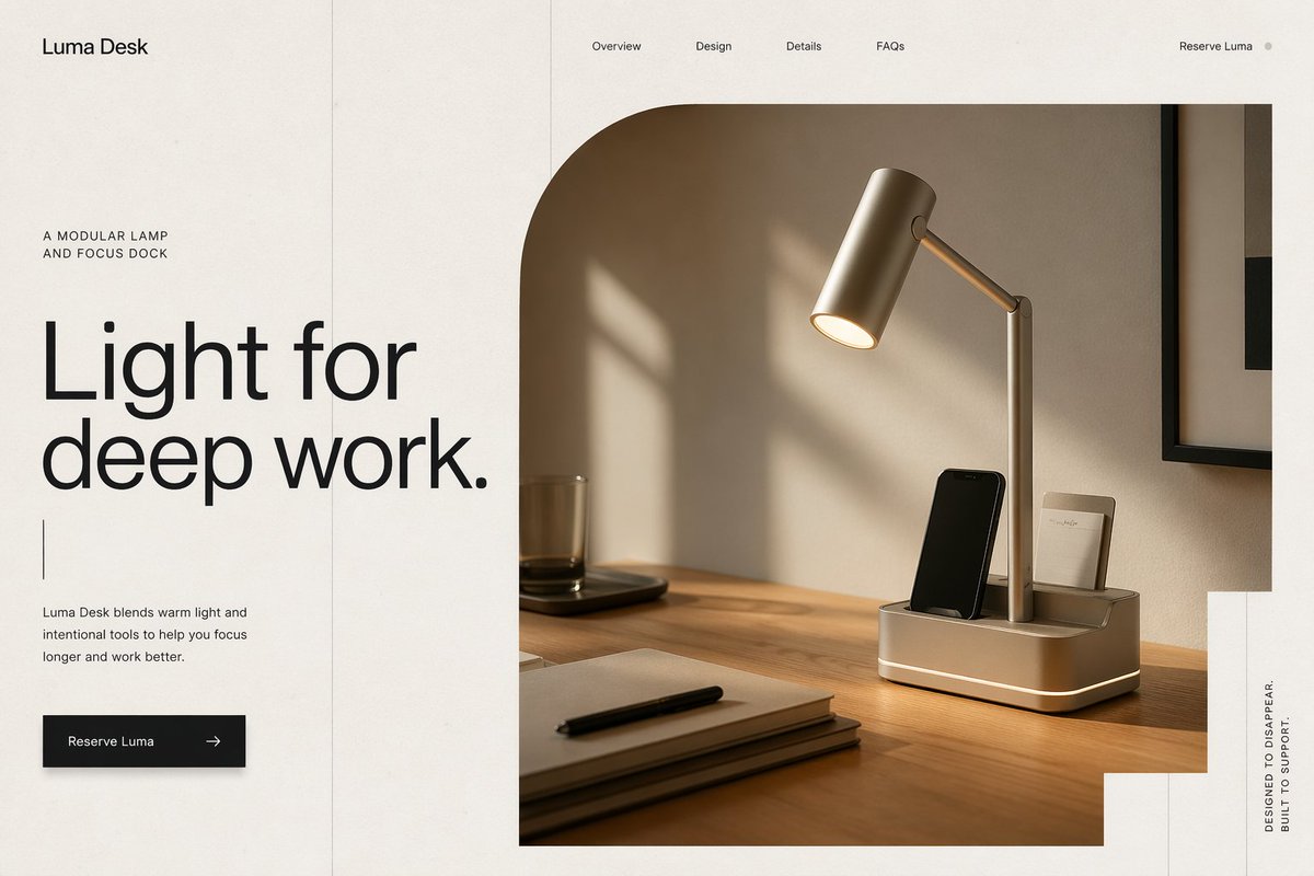 为 Luma Desk 创建一个首屏（hero section），它是一款面向远程工作者的模块化灯具与专注底座。以图片为主导，简短标题，清晰的行动号召（CTA），非对称布局，编辑…
