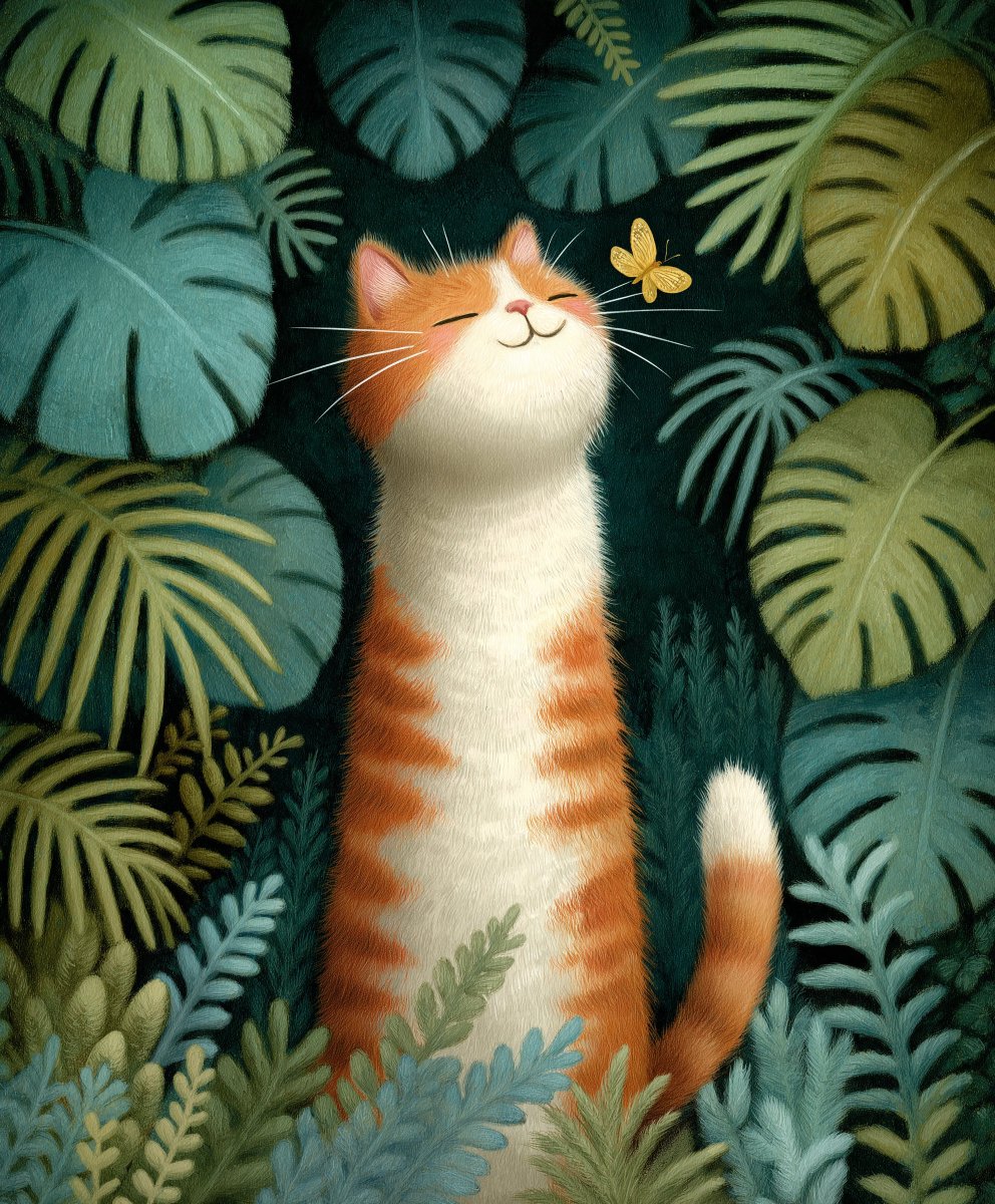 一幅特写、低角度的插画，前景是一只开心、圆润的橙白色虎斑猫，它满足地闭着眼睛，一只小黄蝴蝶在它的鼻子附近翩翩起舞。猫咪的身体大部分是白色的，头部、尾巴和身体上有橙色虎斑花纹。它被…