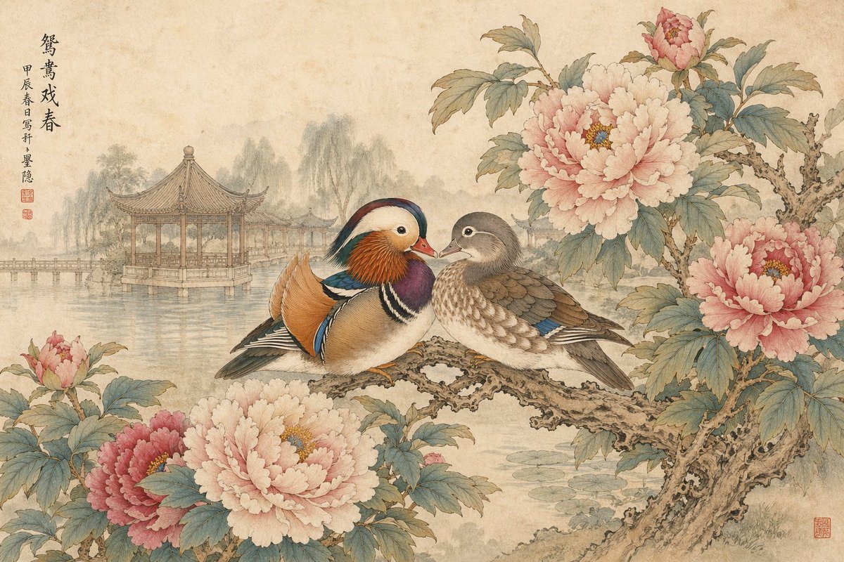 传统工笔重彩风格，湖畔园林亭台。枝头牡丹盛开，画面中一对鸳鸯栖息在横向伸展的牡丹枝干上，姿态亲昵，羽毛层次细腻、色彩典雅，呈现精致的工笔勾线与淡彩晕染效果。宣…