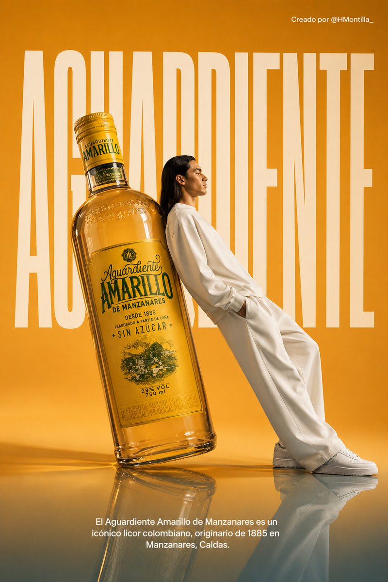 一张为黄阿吉迪恩特酒(Aguardiente Amarillo)创作的超现实主义高级时装广告海报。场景设置在一间极简主义、单色浅橙色的工作室中,地面为半反光材质。核心焦点是一瓶体…