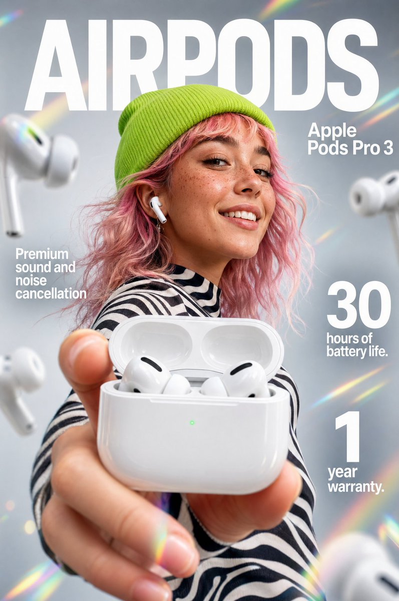 高冲击力电商信息图，适用于"Apple Pods Pro 3"无线耳机。 前景：极近特写镜头，一只手持着一个打开的、光泽感的白色无线耳机充电盒，朝向相机。盒内…
