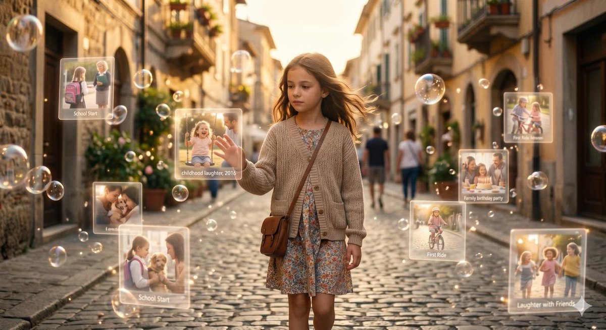 一张电影感十足的金色时刻照片,照片中一位留着长长波浪状棕色头发的年轻女孩走在一条铺着鹅卵石的历史悠久的意大利街道上。她身穿花卉图案的太阳裙,肩披一件舒适的米色针织开衫,背着一个棕…