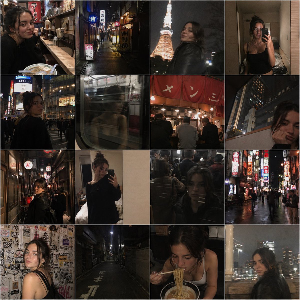 4x4 网格的 candid iPhone 照片,主题是一位年轻女子独自旅行东京和巴黎。拉面店、霓虹小巷、列车车窗倒影、酒店镜面自拍。带有相机抖动和复古胶片颗粒感。https:/…