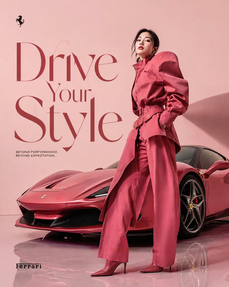 创作一幅高级时尚的编辑级广告画面,主角为一位韩国女模特。模特需摆出充满动感与张力的姿势,散发出自信与优雅的气质,身着前卫的服饰,服饰颜色与画面中显著展示的一辆流线型法拉利跑车完美…