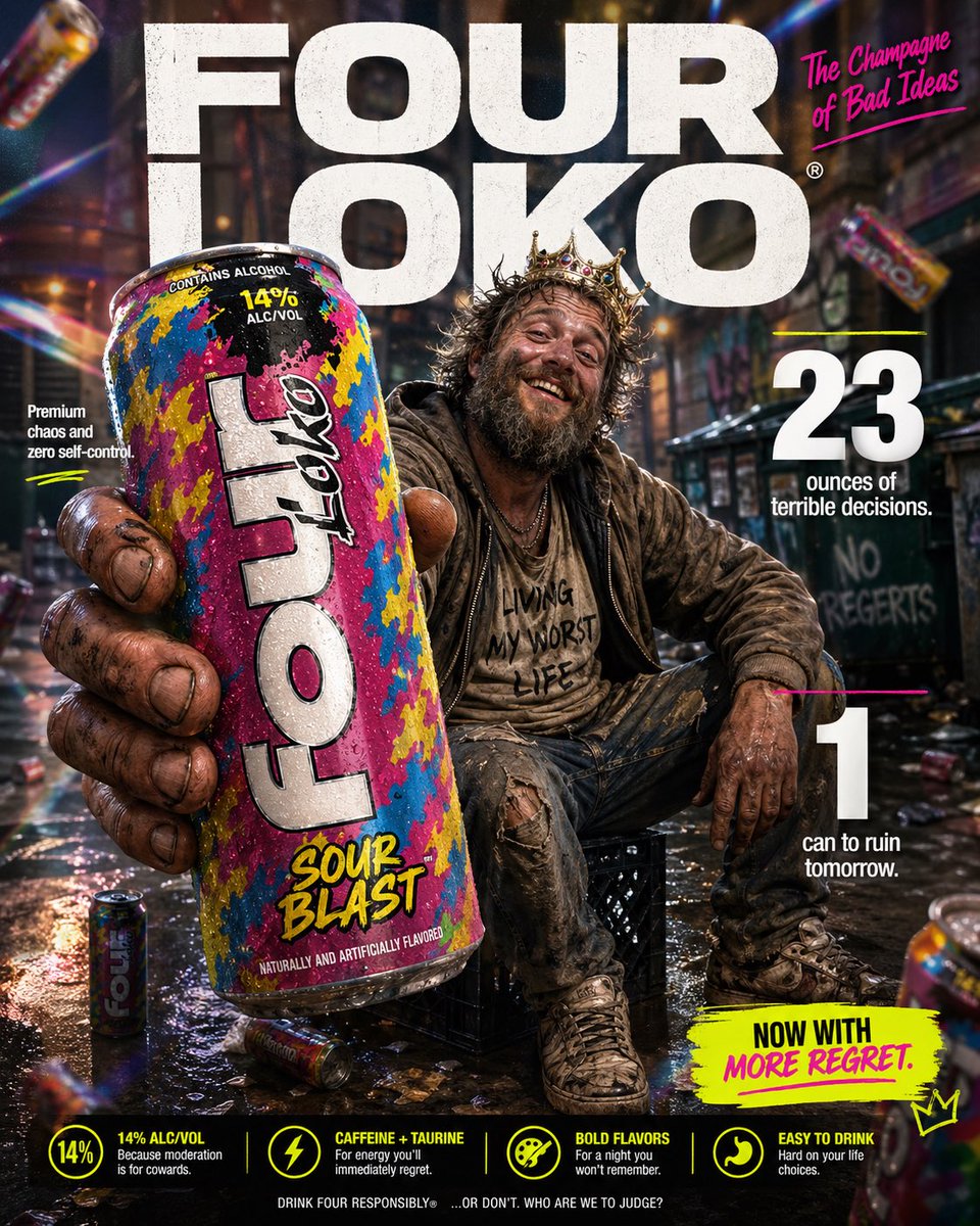 四洛克（Four Loko）麦芽酒的高冲击力恶搞电商信息图。前景：粗糙饱经风霜的手的极致特写，手向镜头举着一罐高大、色彩鲜艳的四洛克酒罐。酒罐因低温带有可见的冷凝水珠，罐身印有张…