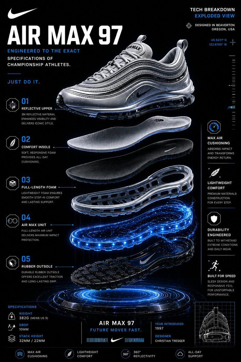 高端 Nike Air Max 97 未来科技信息图海报,深色高级质感环境。 核心视觉: Nike Air Max 97 运动鞋的高细节爆炸视图,悬浮于空中,各层垂直分离: -…