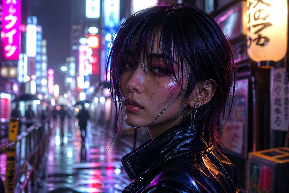 一张赛博朋克女性的高度写实肖像, 霓虹灯光映照在她的脸上, 夜晚雨中的东京街头, 电影级光线,超精细的皮肤质感, 索尼 A7R IV 拍摄,85mm 镜头, 浅景深,背景虚化,8…
