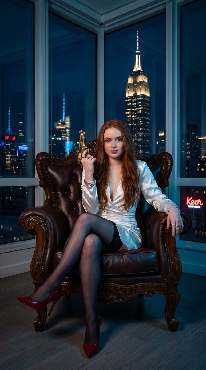 一位惊艳动人的美国女性西德妮·斯威尼（Sydney Sweeney），留着飘逸的深金色长发，有着锐利勾魂的眼睛和无瑕肌肤，撩人地斜靠在一张雕花木质细节、华丽考究的深红色簇绒皮革大…