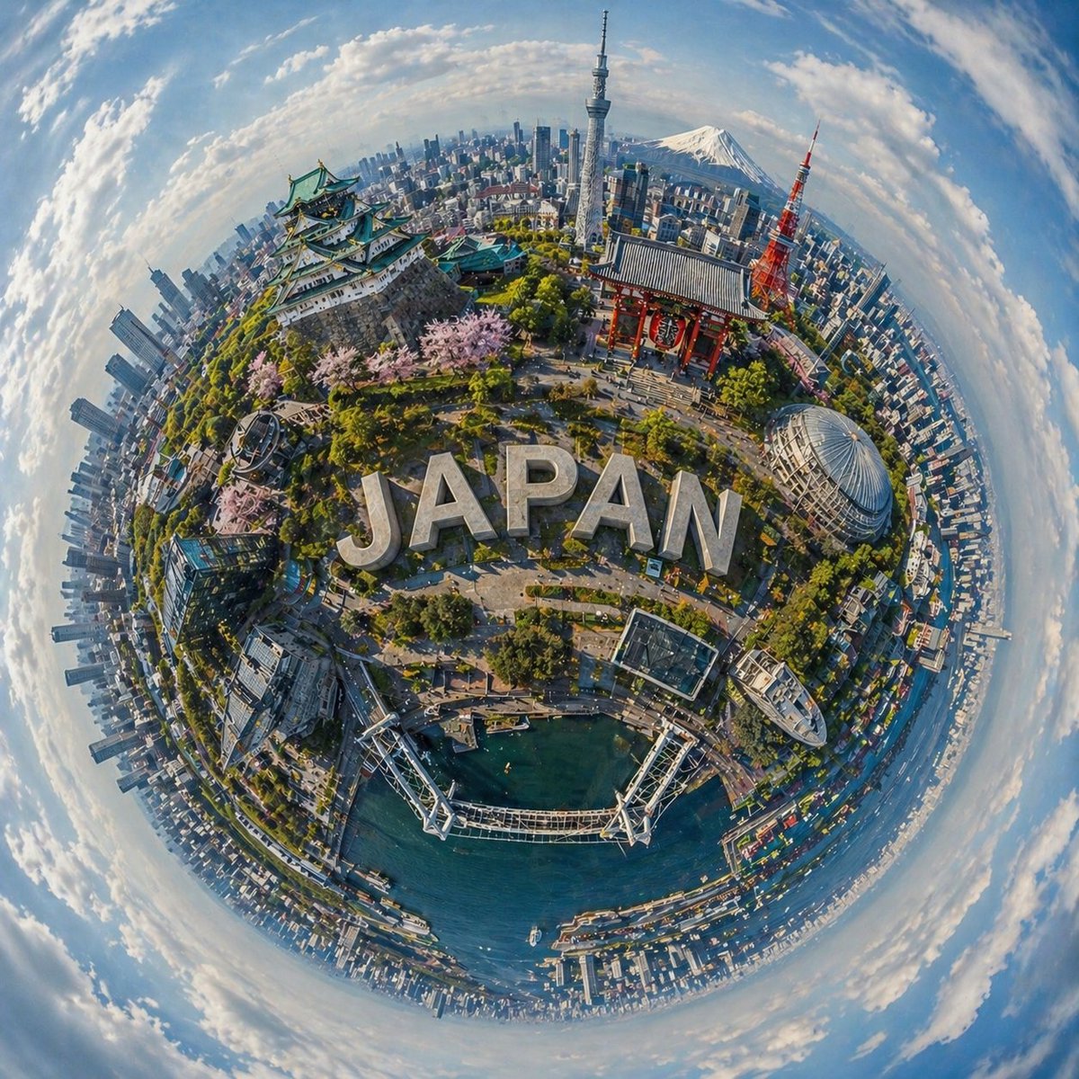 创建一个超现实的、梦幻般的球形全景图，展现[城市名称]，将其最具标志性的地标和建筑无缝地环绕在类行星球体的顶部，形成一个统一的袖珍世界。 将书写着“[城市名称]”的简约现代 3D…