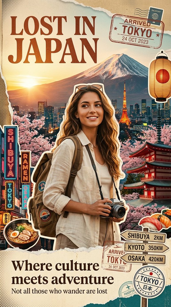 GPT Image 2 on ChatGPT 提示词如下 👇 为日本（JAPAN）创作一张高级的风格化旅行海报 / 图形拼贴。 主体必须是时尚的国际女性游客（年轻女性，女性化的脸…