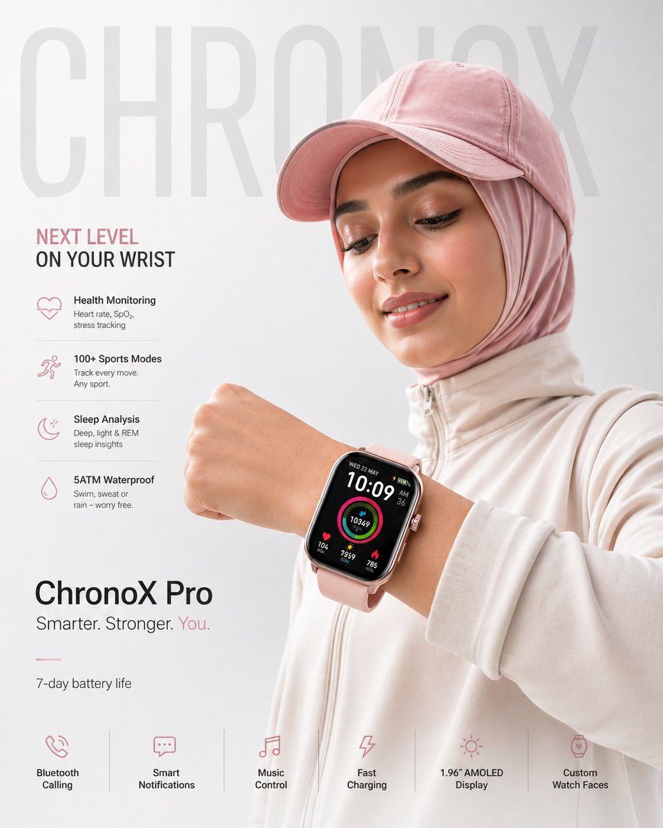 “ChronoX Pro”智能手表的高端极简产品海报。 构图： 布局干净、平衡，留白充足。产品与人物是绝对焦点。无杂乱元素，无多余物件。 前景： 手腕上的智能…