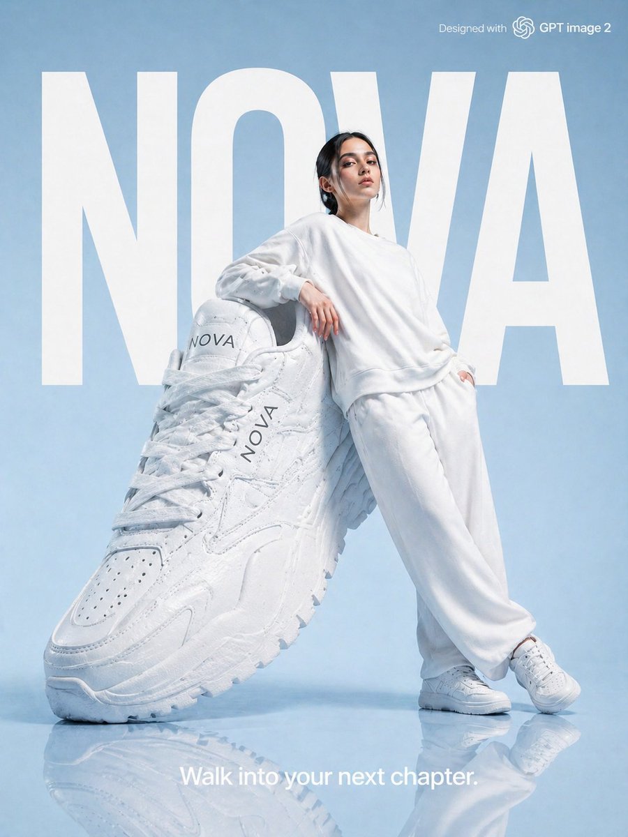 "NOVA"运动鞋品牌的高端时尚广告宣传照片。 一位年轻女性身穿全白色宽松服装，倚靠在一只巨大的超大白鞋道具上，柔和的天空蓝摄影棚背景，背景中填满醒目的巨大白…