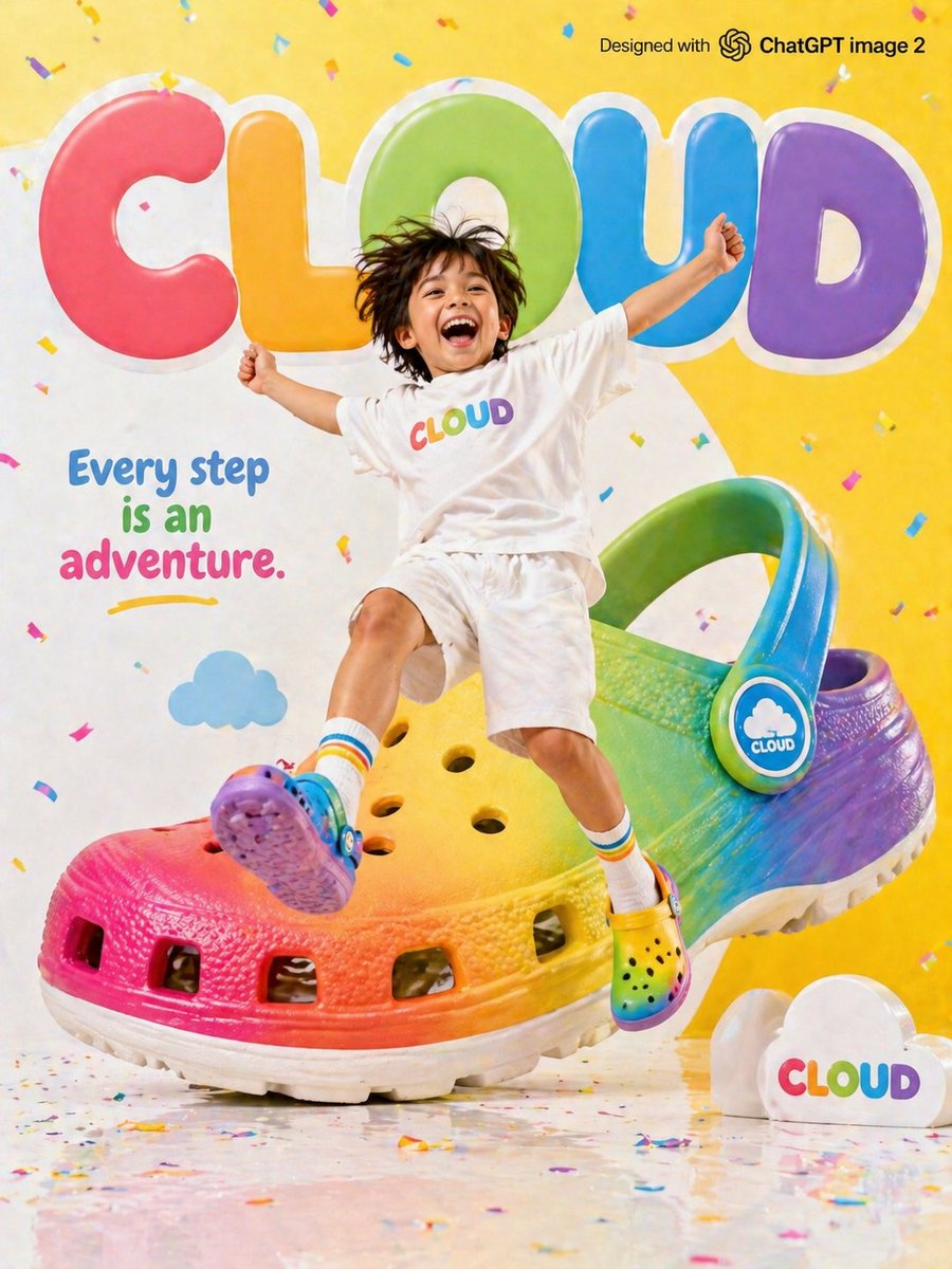 明亮多彩的儿童鞋品牌广告，画面中"CLOUD（云朵）"品牌，一个快乐的小孩穿着超大彩色泡沫鞋在空中跳跃，背景是巨大的彩虹色鞋子道具，明亮的黄白配色摄影棚背景…