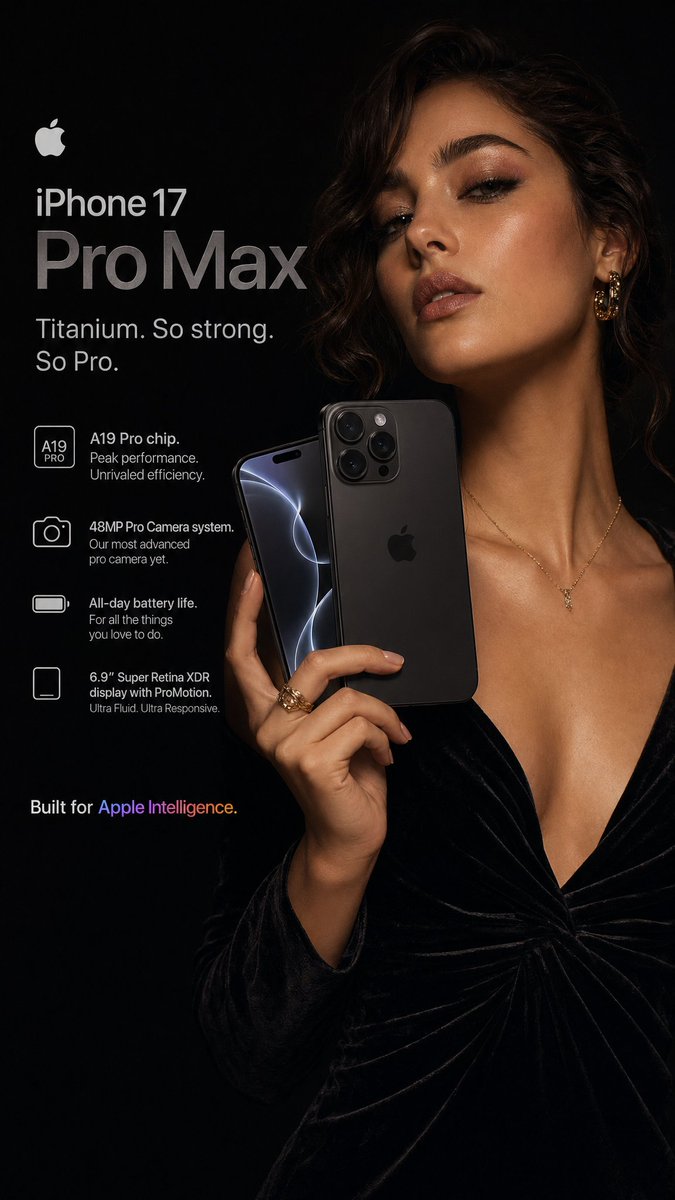 一张超写实的 Apple iPhone 17 Pro Max 广告大片，采用暗调、情绪化的编辑风格。一位年轻时髦的女性，肤色温暖，深棕色头发柔和上梳，身穿灰紫…