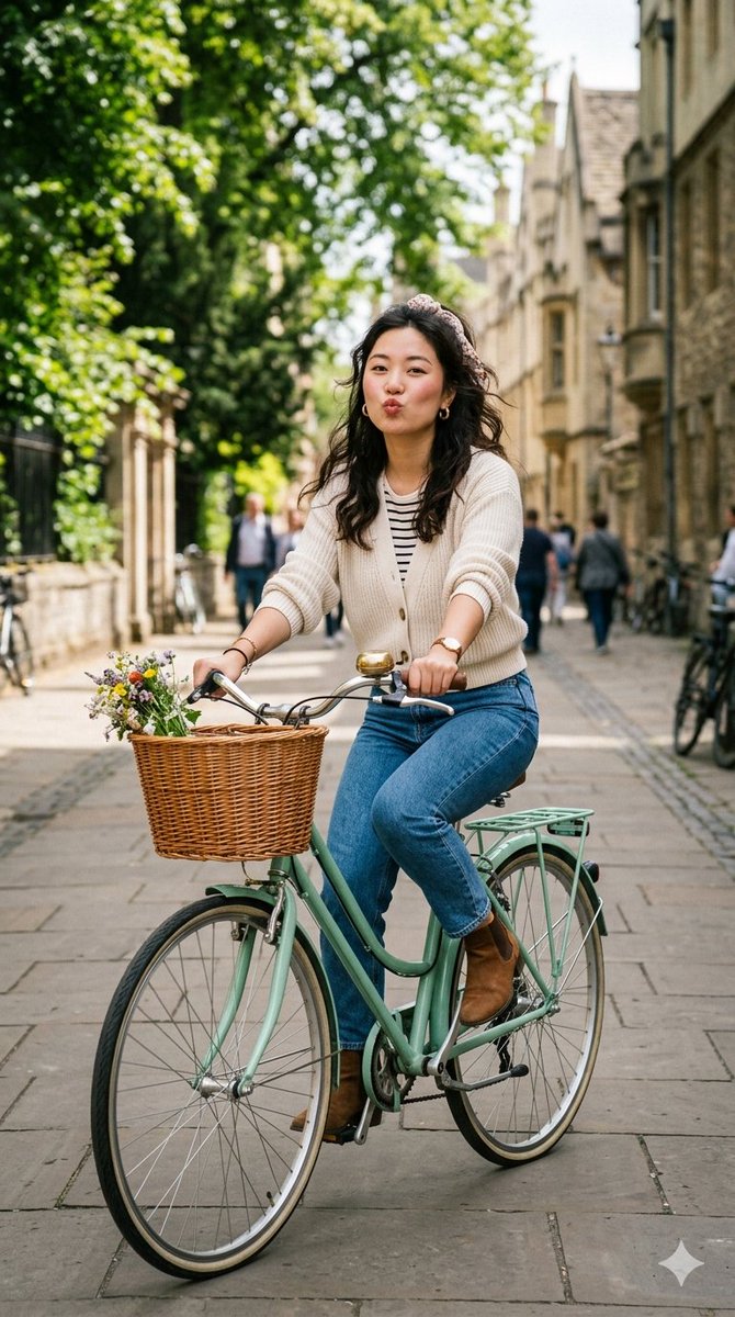 一张高分辨率、抓拍式的生活风格照片：一位时尚年轻女性骑着复古薄荷绿巡航自行车行驶在欧洲一条鹅卵石街道上。她直视镜头，摆出俏皮的"鸭子嘴"嘟嘴表情。她身穿米色罗…