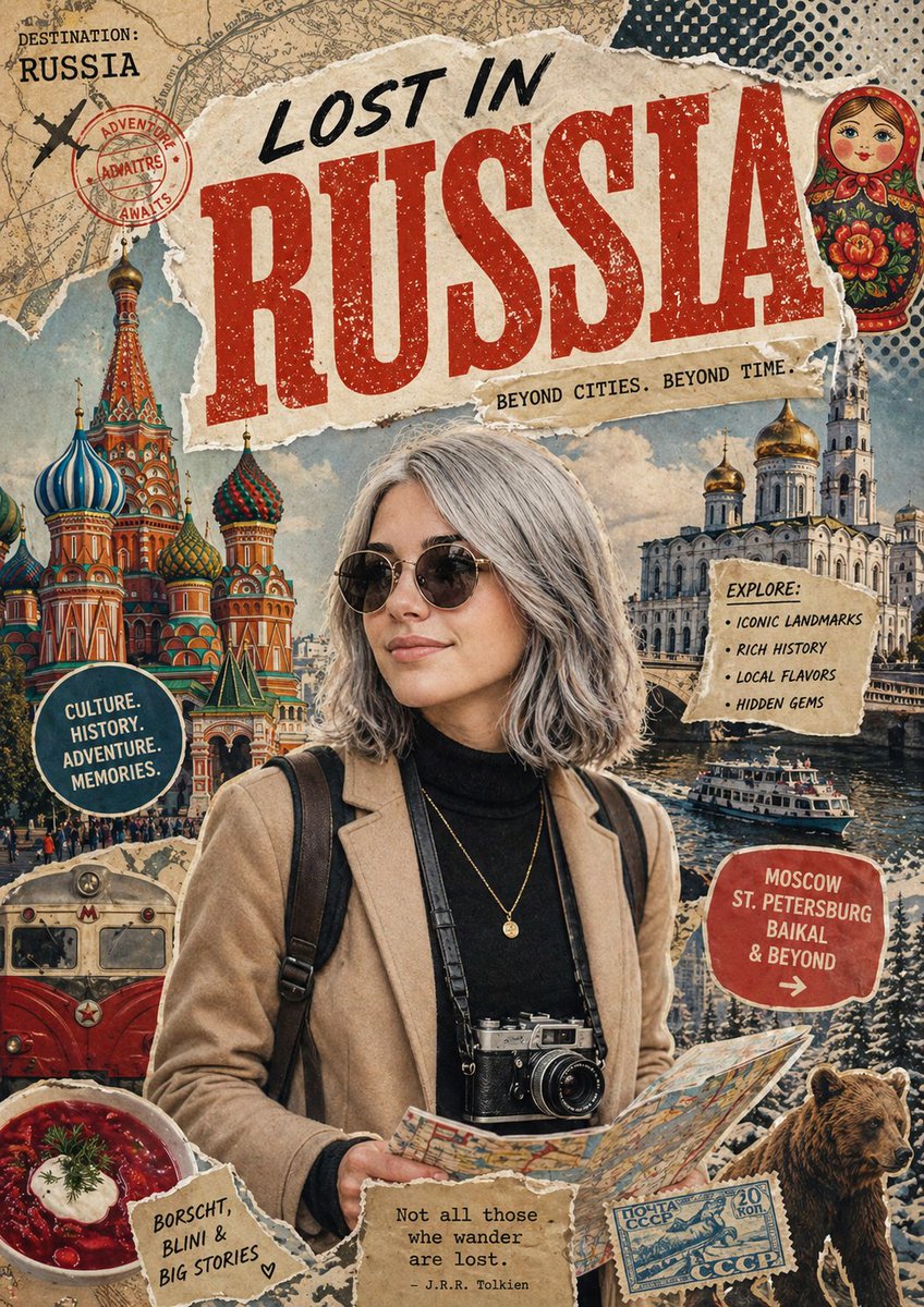 为 [country] 创作一张风格化的旅行海报 / 图形拼贴作品。主要主体应是一位时尚的国际游客，正在游览 [country]，需明确呈现为旅行者而非当地居…