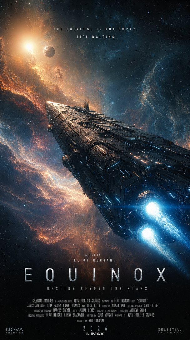 IMAX 电影海报,科幻史诗题材,画面中一艘整体式高科技飞船,装配发光离子推进器,穿越绚丽的宇宙星云。船体细节超写实,戏剧化的电影级光影,变形镜头光晕反射出遥…
