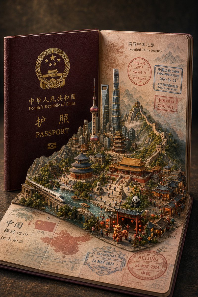 GPT Image 2 在 @insmind_com 上 提示 ⬇️ 超精细的电影感微缩立体场景，置于一本打开的 [Country] 护照内，设计成仿佛从书页中浮现的魔法立体世界…