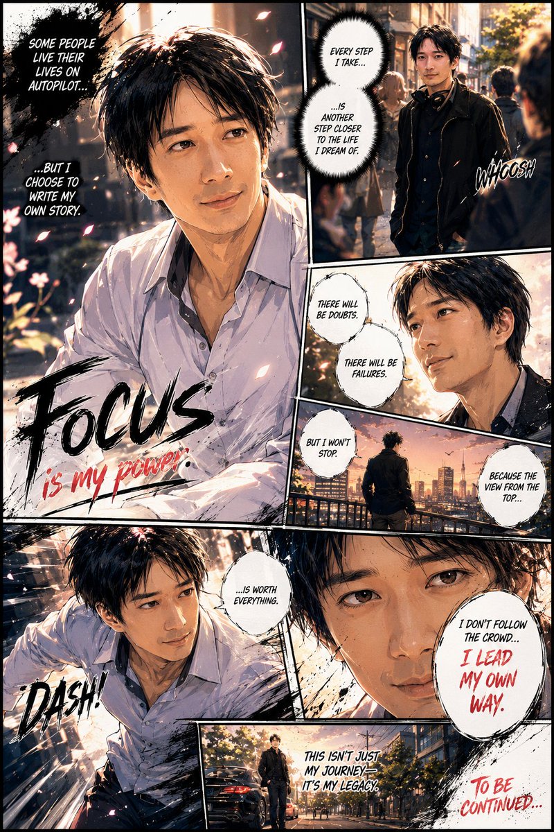 根据参考照片中的人物创作一幅整页彩色漫画插图。使用正宗的漫画页面构图，单页包含5-7个动态连接的分镜格。融入电影级叙事、戏剧性透视、富有表现力的情绪、动态姿势、速度线、效果框、特…