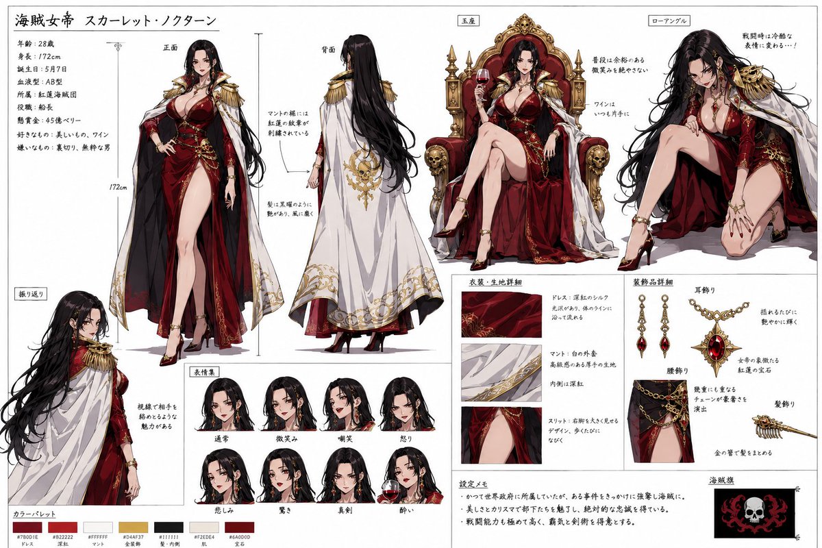 专业日本动漫工作室角色设定表：诱人的海盗女帝，拥有黑色长丝发，深红色长裙搭配高开股叉，金色海军肩垫，优雅白色披风，高跟鞋，自信诱人表情。包含正面姿势、背面姿势…