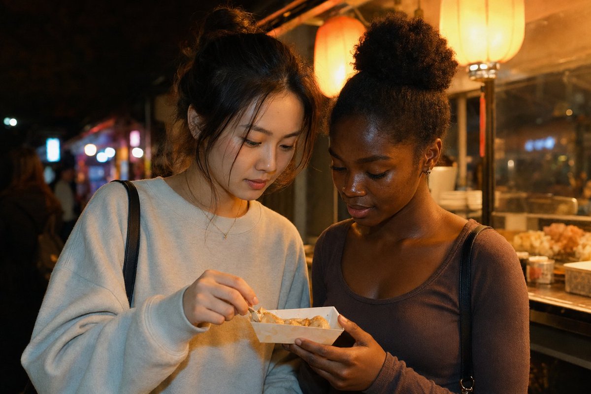 GPT Image 2 对比 MJ 8.1 夜市闲聊：Prompt 👇👇👇 GPT Image 2： A medium shot of two young w…