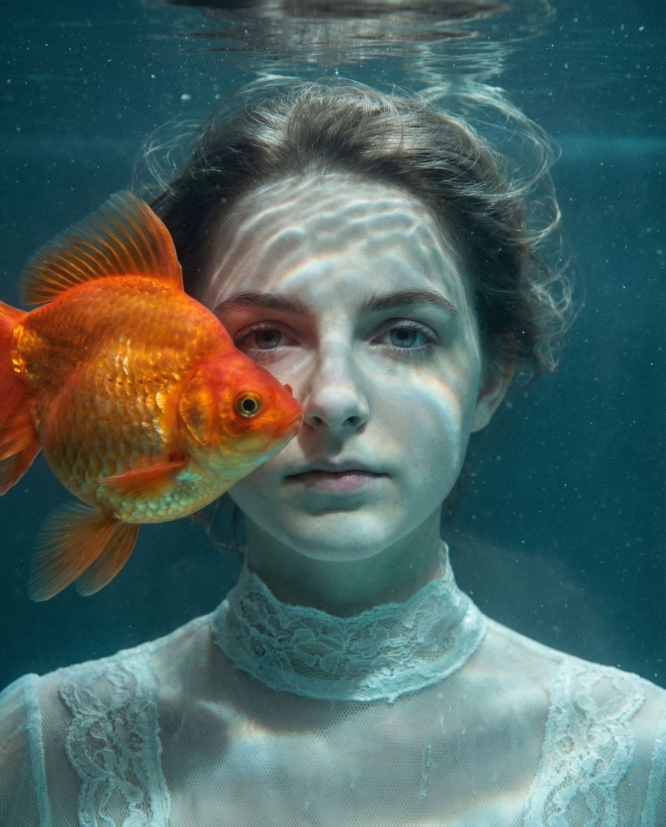 { "vibe_title_en": "The Silent Aquarium", "master_prompt": "一张超现实、逼真的特写肖像,主角浸没在深沉、粘稠的暮蓝色液…