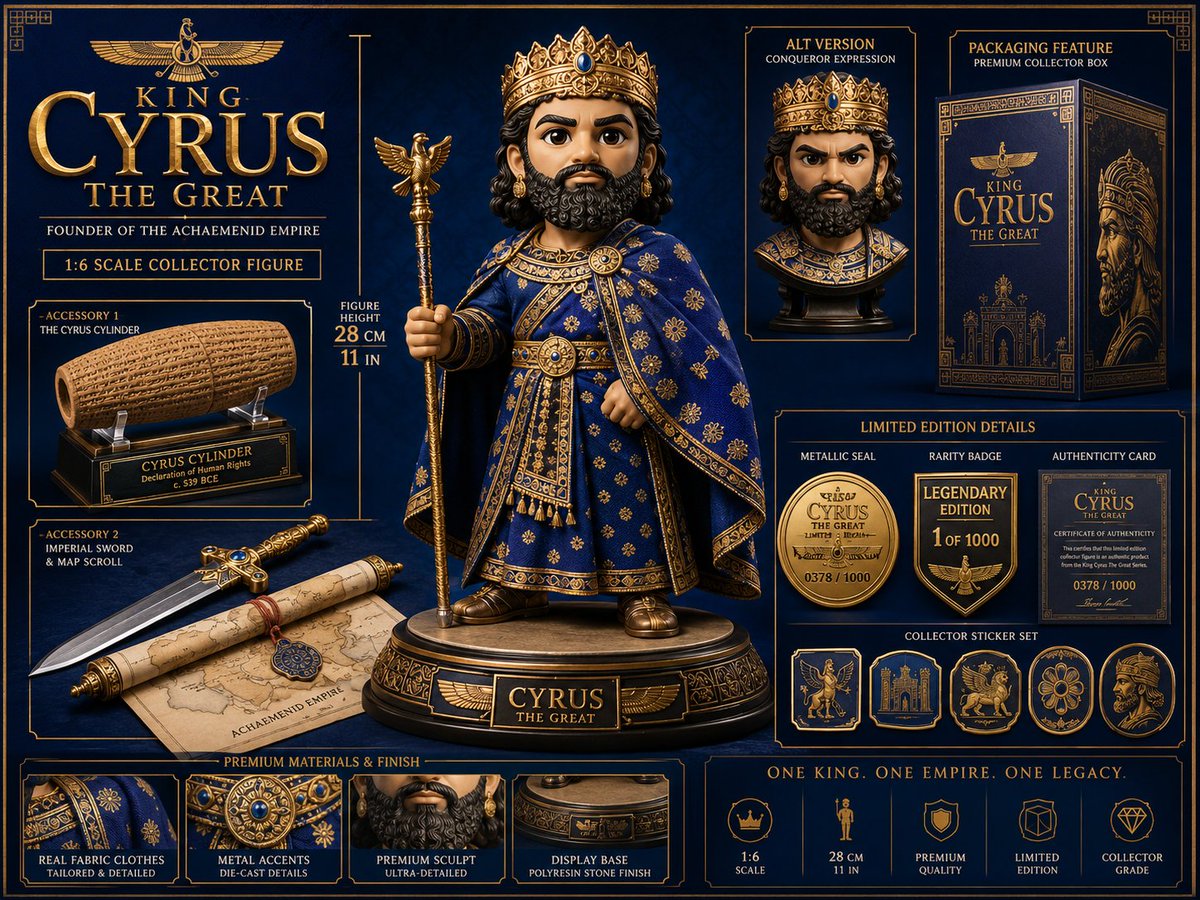 为 King Cyrus 设计：4:3 AR：设计一个收藏级发布视觉，展示 [toy/figure/character]（玩具/手办/角色）的全新英雄形态，并包含可互换配件、替换…