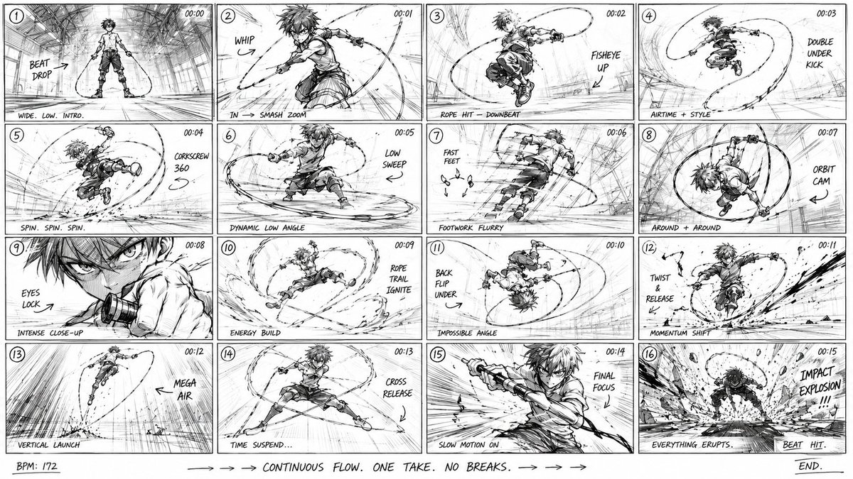 创建一个超动态 16:9 动漫跳绳故事板，以 16 格分镜序列呈现，画风为粗犷动感的漫画草图，线条凌乱且具有攻击性，剪影强烈，充满原始的作画（sakuga）能…