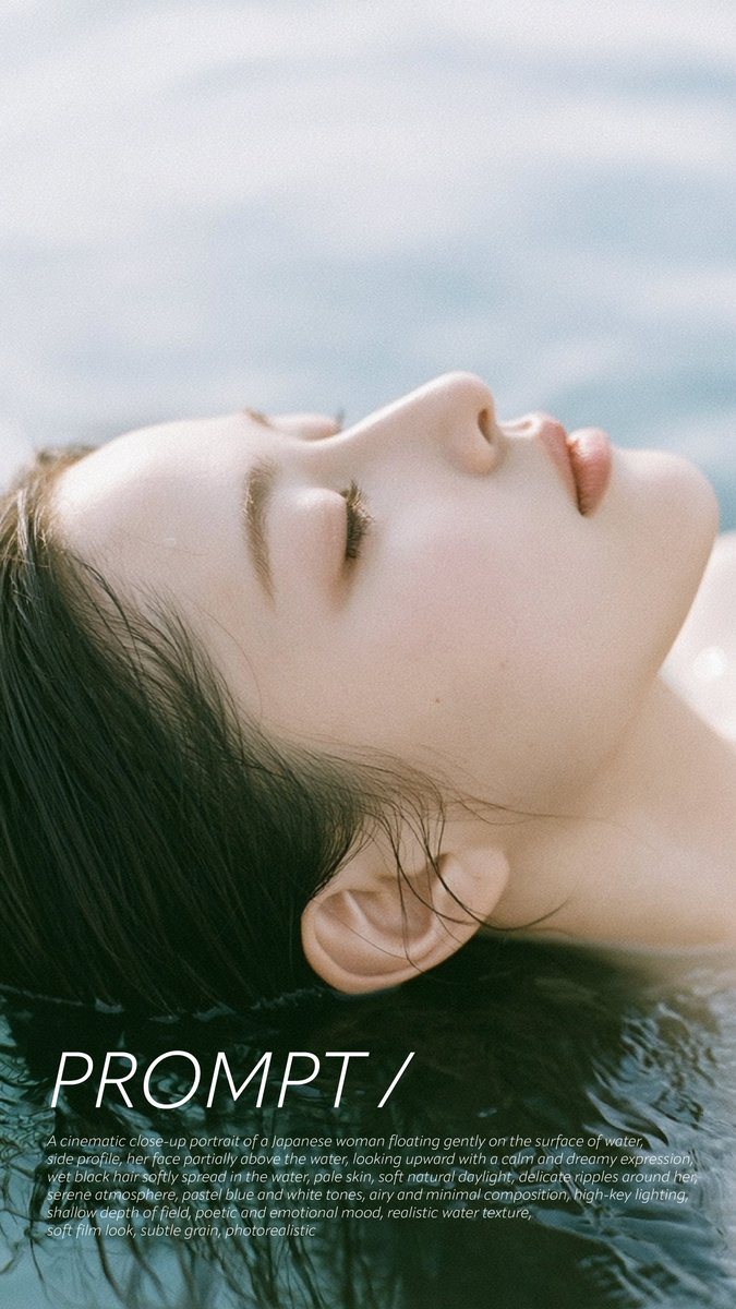 电影感特写肖像：一位日本女性轻柔地漂浮在水面上，侧面视角，她的脸部微微露出水面，向上凝视，神情平静而梦幻，湿润的黑色头发柔软地散开于水中，苍白的肌肤，柔和的自然日光，水面泛起细腻…