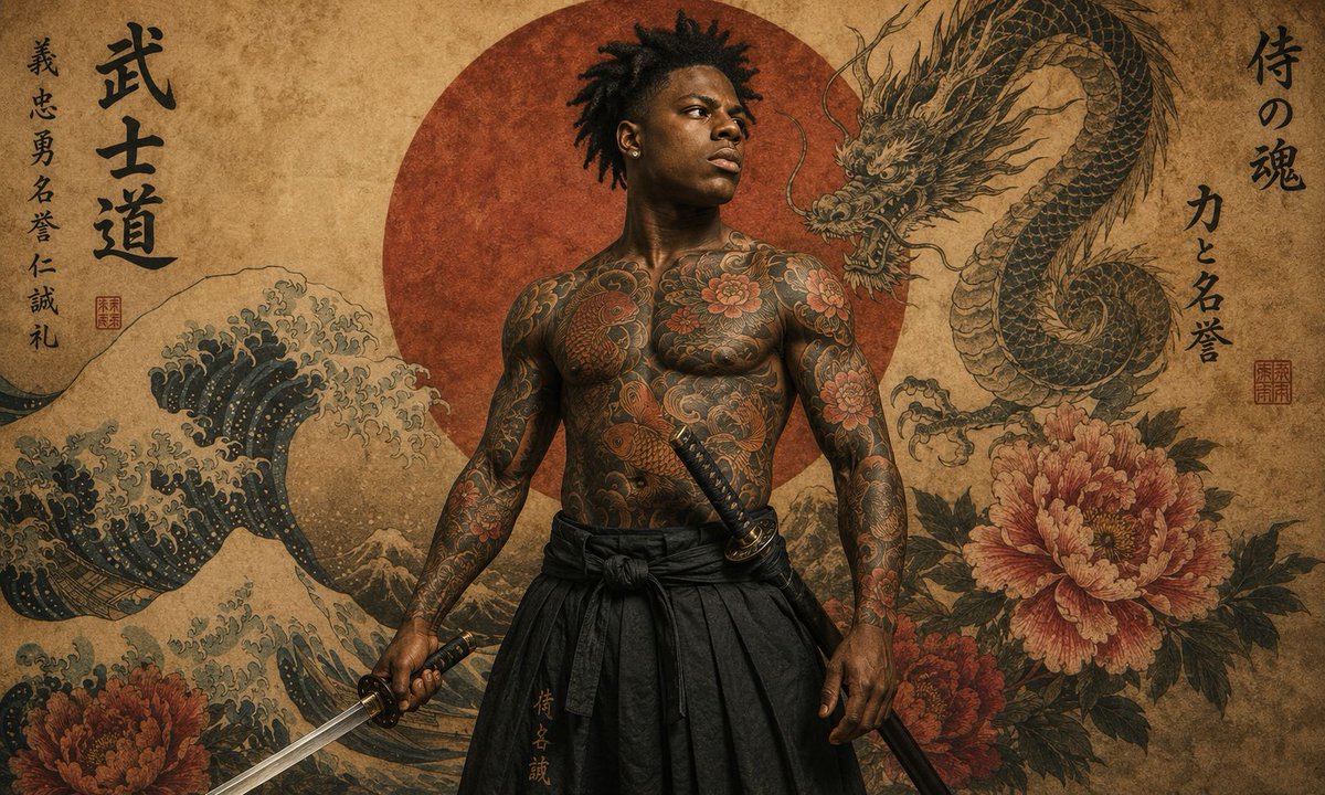 不仅是一幅肖像。 一帧之间，尽显武士时代。⚔️🔥 将自己化身为传奇武士,拥有电影级纹身、日式艺术美学,以及超写实细节,仿佛直接从电影海报中走出。 这个提示在每次生成中都极具冲击力…
