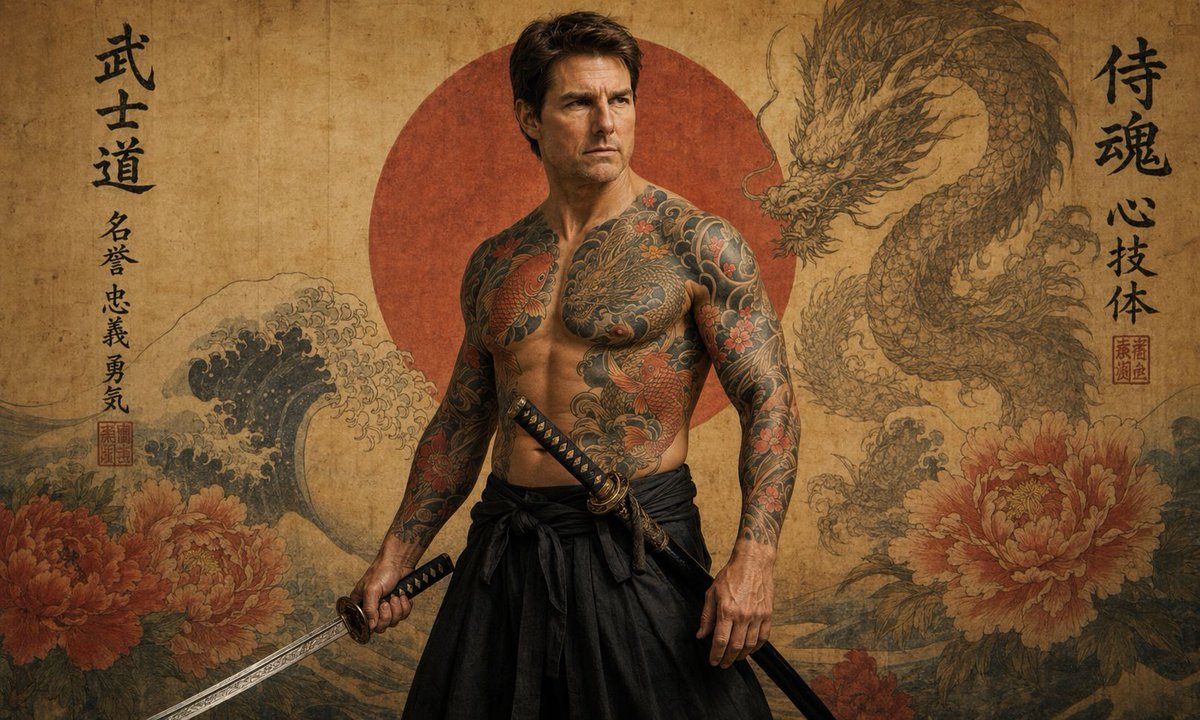 不仅是一幅肖像。 一帧之间，尽显武士时代。⚔️🔥 将自己化身为传奇武士,拥有电影级纹身、日式艺术美学,以及超写实细节,仿佛直接从电影海报中走出。 这个提示在每次生成中都极具冲击力…