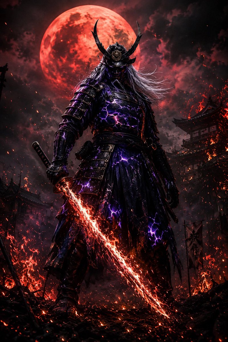 古代日本武士军阀屹立于燃烧的红月之下，黑色铠甲上绽放着紫色裂纹，刀身缠绕着炽烈的火花，电影般的阴影，日本黑暗奇幻风格，Unreal Engine 渲染质感，极致写实与动漫的融合…