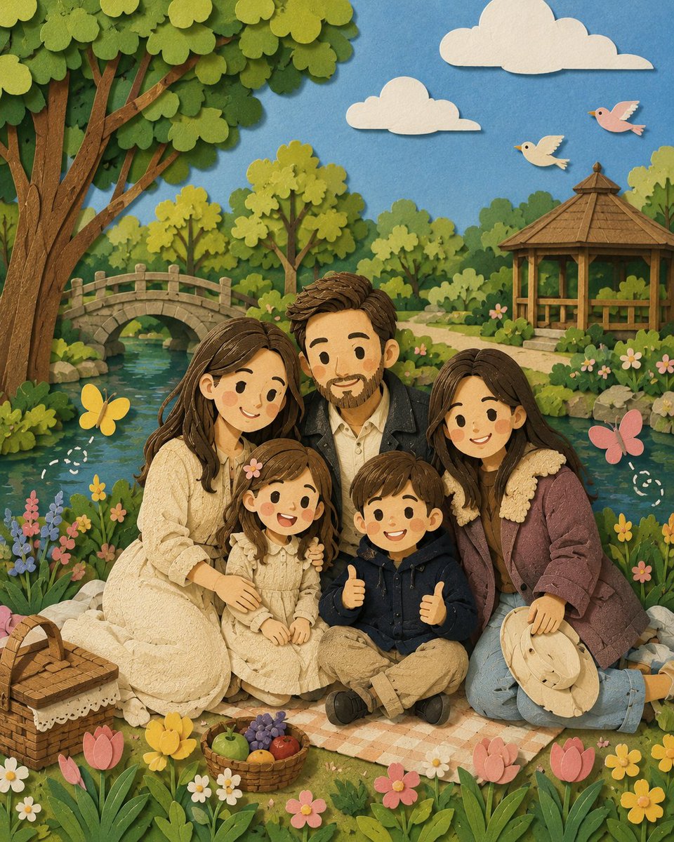 由 Chatgpt 上的 GPT Image 2 生成图像 提示词 👇 创作一幅情侣浪漫肖像画，采用分层剪纸艺术风格，二人并肩站立于一片美丽的绿色公园之中。女士身着优雅飘逸的碎花…