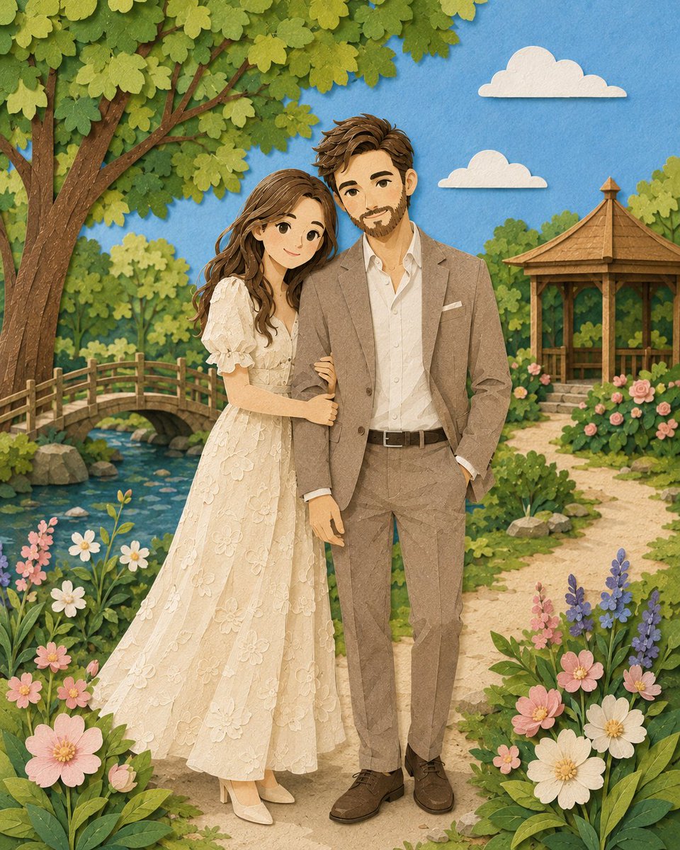 由 Chatgpt 上的 GPT Image 2 生成图像 提示词 👇 创作一幅情侣浪漫肖像画，采用分层剪纸艺术风格，二人并肩站立于一片美丽的绿色公园之中。女士身着优雅飘逸的碎花…