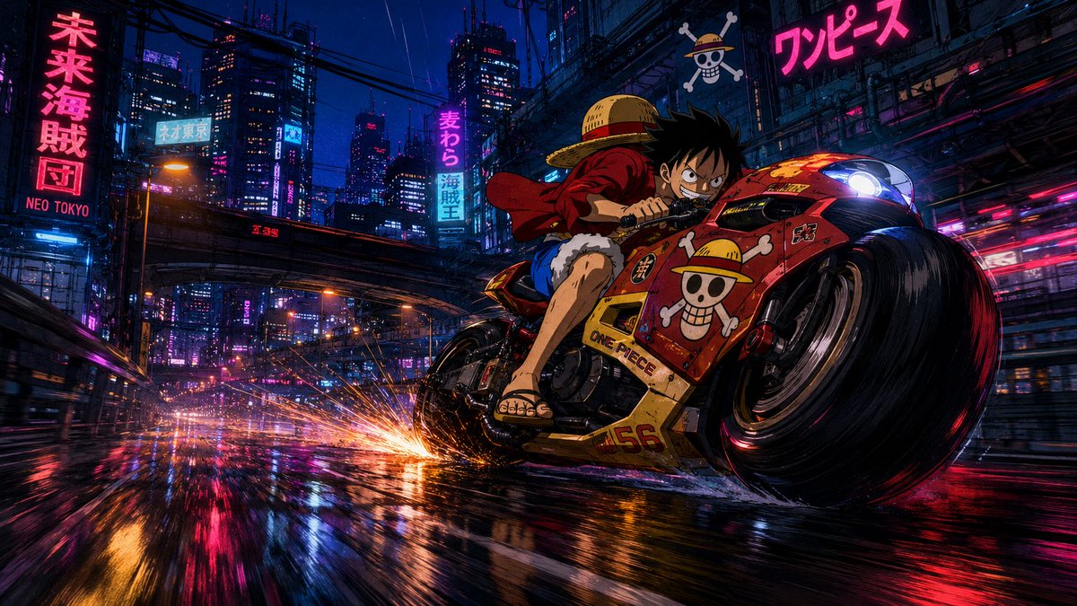 [角色]，来自[系列作品]，其服装和身体特征完全忠实于原始设计，俯身骑乘一辆未来主义摩托车，在凌晨3点全速穿越新东京被雨水浸透的高架公路。 摩托车经过定制，配备了专属于该角色的符…