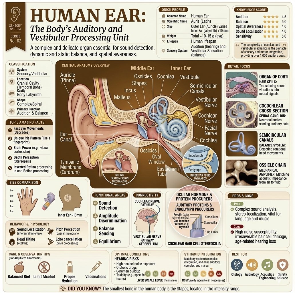 这些详尽的信息图表展示了人眼与人耳复杂的感官系统,突显了它们作为人体视觉与听觉/前庭处理主要器官的角色。两张图表均采用结构化的临床式布局,包含解剖图示、"快速概览"(Quick…