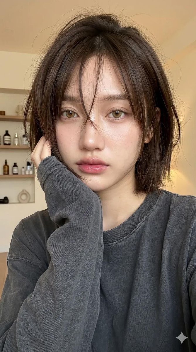 一张超写实的年轻女性特写肖像(使用我的脸),室内温暖柔和的光线。构图是半身镜头(从胸部到头部),相机角度略低且略微倾斜,营造出随性、自拍般的氛围。 主要焦点在面部和头发。 面部特…