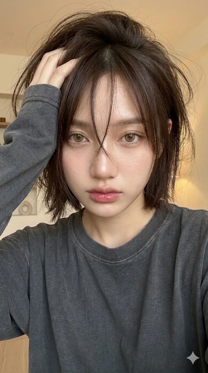 一张超写实的年轻女性特写肖像(使用我的脸),室内温暖柔和的光线。构图是半身镜头(从胸部到头部),相机角度略低且略微倾斜,营造出随性、自拍般的氛围。 主要焦点在面部和头发。 面部特…