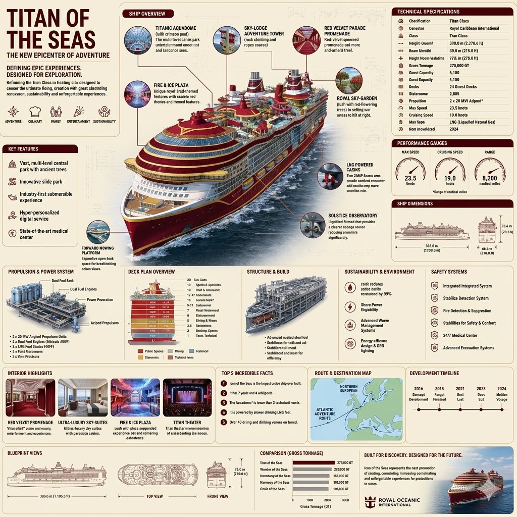 一张超详细的垂直信息图海报,主题为一艘名为“Titan of the Seas”(海洋巨人)的虚构豪华邮轮。核心视觉是一艘巨大的多层甲板邮轮,采用精致的深红色与金色配色方案呈现…